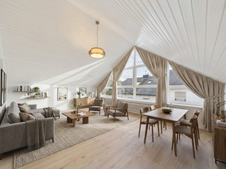 Wohn- und Essbereich Einrichtungsvorschlag Elchingen / Thalfingen Dachgeschosswohnung Lichtdurchflutete 3-Zimmer-Dachgeschosswohnung mit Wintergarten und Balkon in Thalfingen!